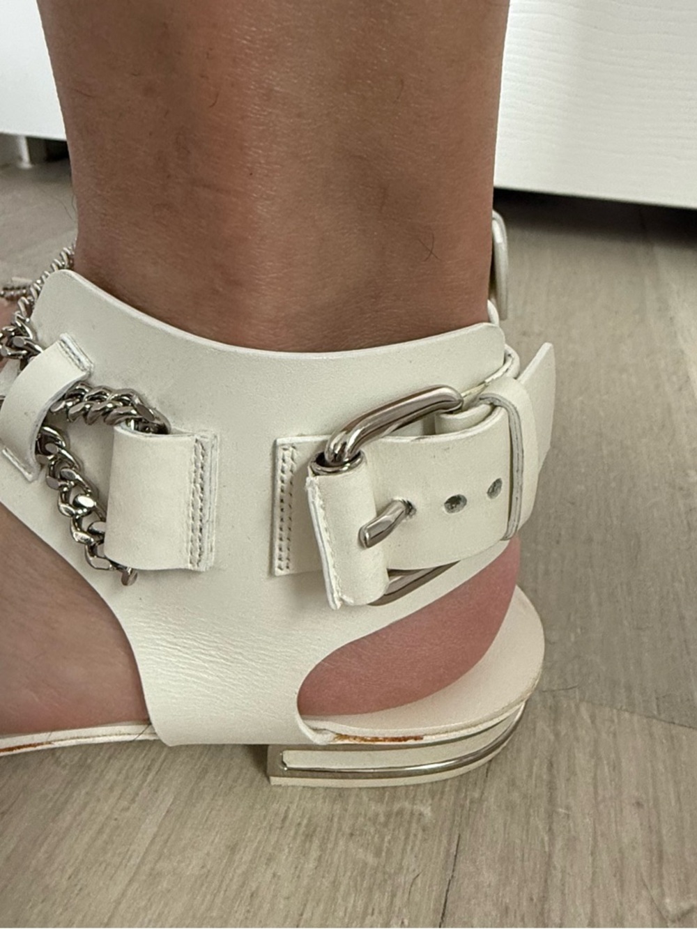 White Chain-Accent Casadei Women's T-Strap Sandals - Picture 6 of 17
